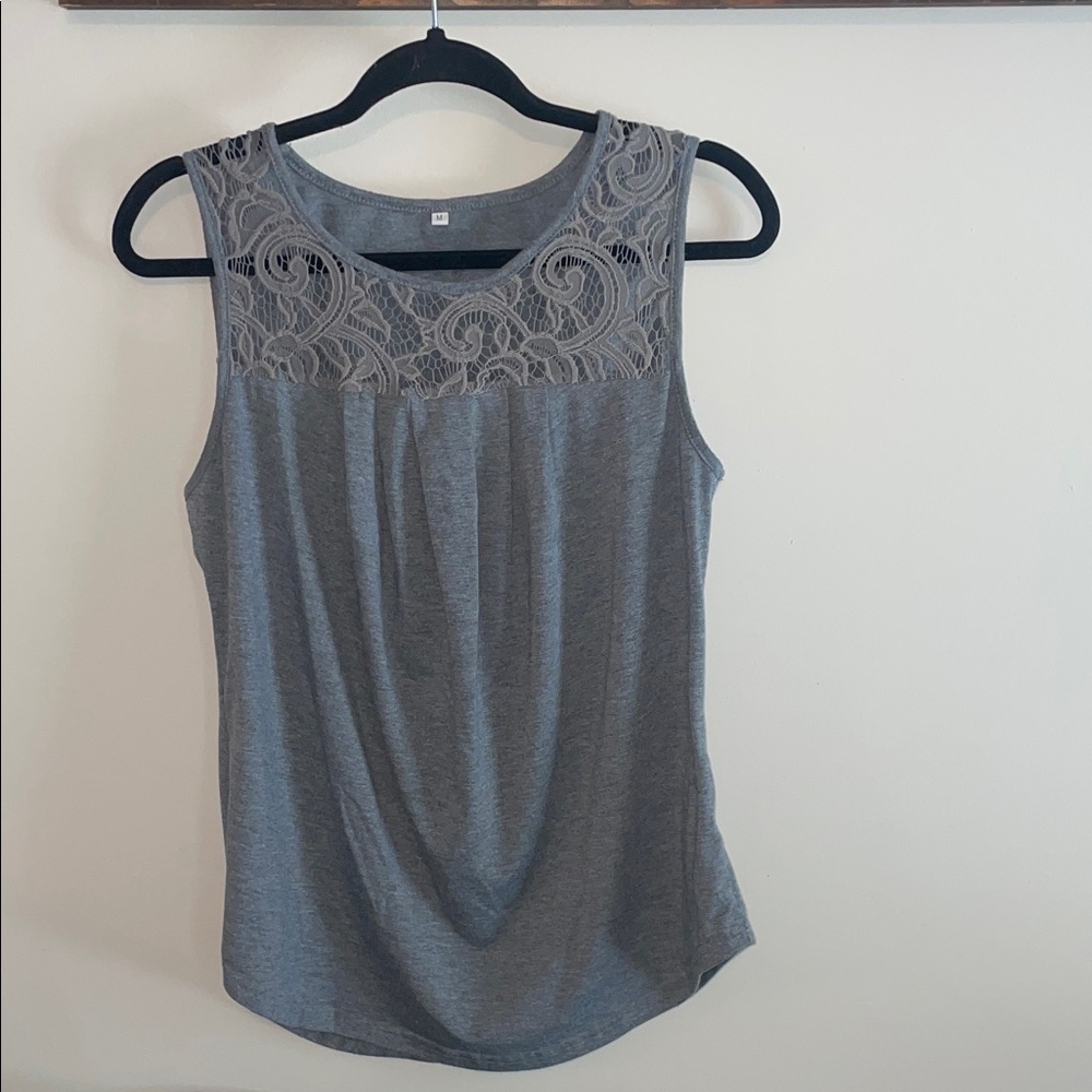 Gray Lace Yoke Sleeveless Top - Women's